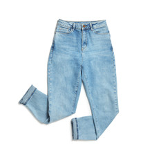 Modern women's jeans isolated on white, top view