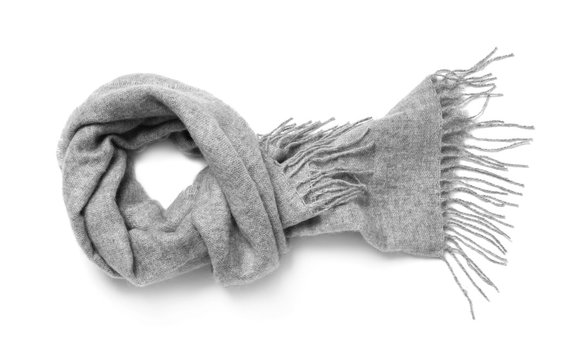 Soft grey woolen scarf isolated white, top view