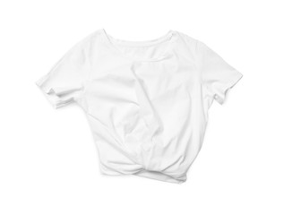 Modern t-shirt isolated on white, top view