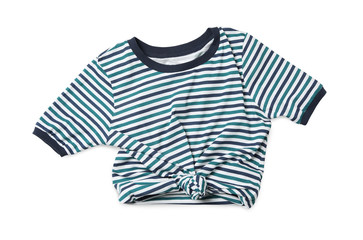 Modern striped t-shirt isolated on white, top view