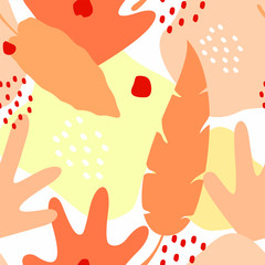 Fototapeta premium Seamless background with tropical leaves and spots in pastel colors. Doodle in hand drawing style.