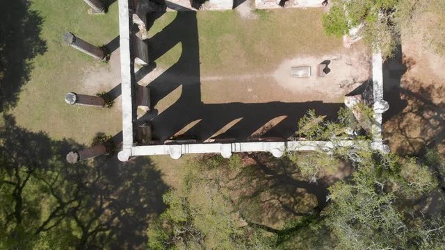 Old Sheldon Church near Beaufort, South Carolina. Aerial view with forest trees