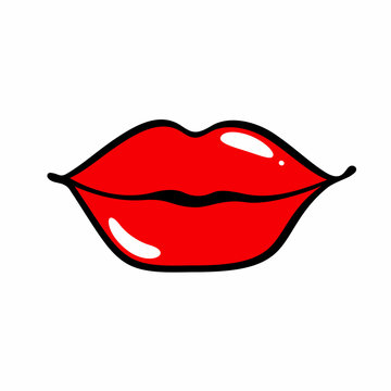 Lips with red lipstick on white background.