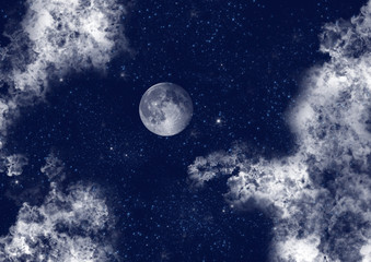 Fototapeta na wymiar Night sky with clouds, moon and stars background.