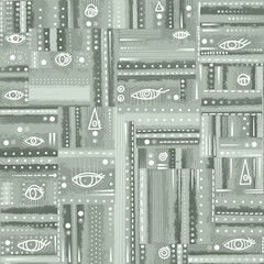 Painted white geometric shapes on a green background. Painted eyes, fish, circles, triangles - grey abstract pattern. Gray ornament for fabric, scrapbooking, paper packaging.