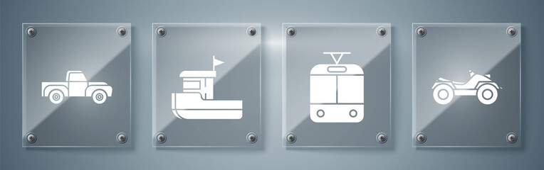 Set All Terrain Vehicle or ATV motorcycle, Tram and railway, Fishing boat and Pickup truck. Square glass panels. Vector © Oksana