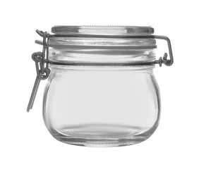Closed empty glass jar isolated on white