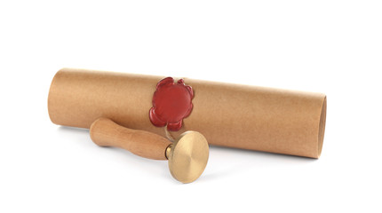 Notary's public pen and sealed document isolated on white