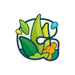 G letter eco logo with green leaves and dew drops.