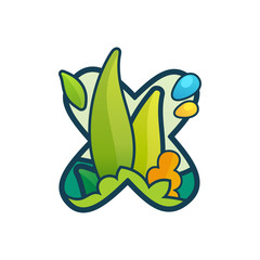 X letter eco logo with green leaves and dew drops.