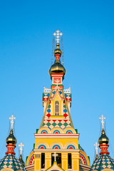 Beautiful cathedral church orthodox dome, great design for any purposes. Historic architecture. Christian symbol. Worship christian religion. Ascension Cathedral in Almaty.