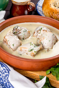 Georgian dish with chkmeruli meat. Close-up shot