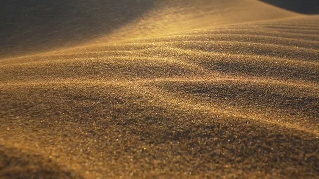 Sand storm in desert. Сamera moves along surface of sand dune in the desert in the rays of the setting sun. Sand waving in the wind. Slow motion shot.