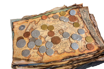 Ancient  geographical canvas map, old coins isolated on white