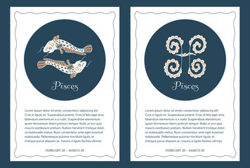Two vintage astrological backgrounds with zodiac signs Pisces, place for text and wavy frame. Templates for cards, leaflets, posters, banners, horoscopes design, brochures and so on. Vector.
