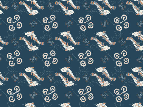 Seamless pattern of hand-drawn zodiac symbols Pisces on a dark background. Signs of the zodiac, constellations, fish and star. For textile, fabric and horoscope design. Vector.