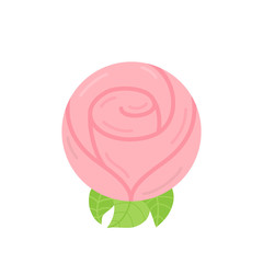 Cute rose round vector illustration. Lovely, love symbol pink rose flower with green leaves. Isolated graphic icon.