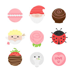 Cute Valentine's Day round characters vector illustration collection. Lovely, holiday, circle symbols, items. Isolated cartoon graphic icons.