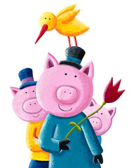 Three cute little pigs with hats and tulip © andreapetrlik