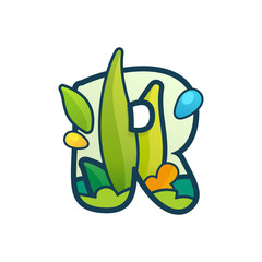 R letter eco logo with green leaves and dew drops.