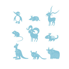 Vector illustration, set of cartoon cute funny animal silhouettes. Penguin, armadillo, impala, vole, urial, numbat, kangaroo, quoll, yak. Nursery pictures.