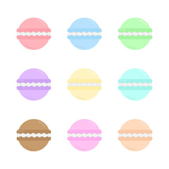 Cute macaron round vector illustration collection. Sweet almond meringue kiss dessert graphic, different color set. Isolated.