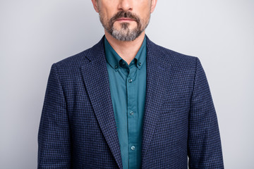 Cropped photo of attractive business mature man hiding facial expression no smile showing perfect neat bristle formalwear shirt blazer blue suit isolated grey color background