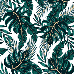 Fashionable seamless tropical pattern with colorful plants and leaves on a delicate background. Jungle leaf seamless vector floral pattern background. Colorful stylish floral.