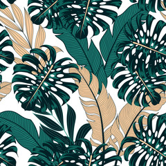Fashionable seamless tropical pattern with colorful plants and leaves on a white background. Seamless exotic pattern with tropical plants. Tropic leaves in bright colors.