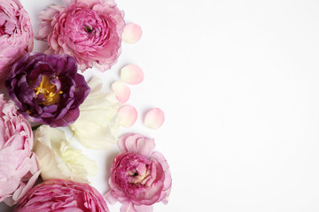 Composition with beautiful flowers on white background, top view. Floral card design
