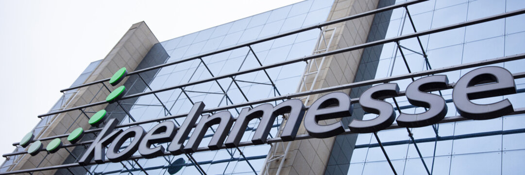 COLOGNE, February 2020: Logo of koelnmesse on fairgrounds building