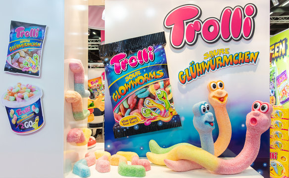 COLOGNE, February 2020: Trolli sour glowworms characters at ISM trade fair