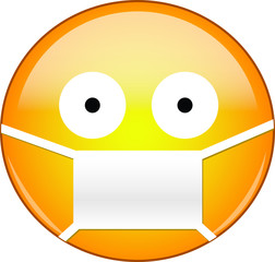 Sick emoticon wearing a medical mask. Yellow emoji wearing a medical mask with eyes wide open and small pupils from fear of viruses, germs, pandemic and disease.