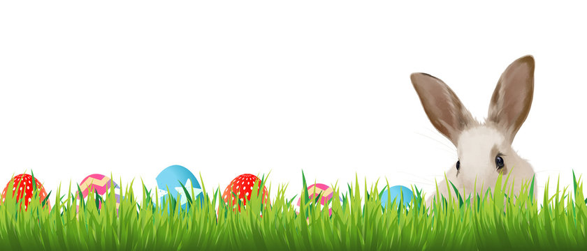 Frohe Ostern! Header Banner Feiertag Osterhase versteckt sich im Gras
