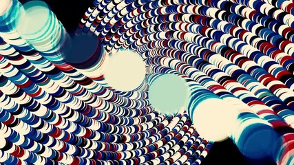 Abstract breathtaking psychedelic optical illusion of circles on black background. Animation. Falling down throung the colorful rotating spiral along vertical 3D rows of figures. - Powered by Adobe