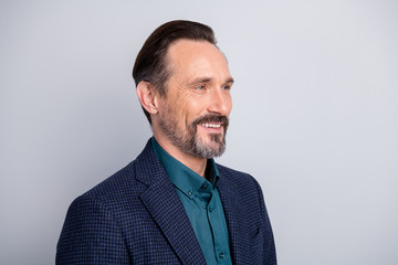 Close-up profile side view portrait of his he nice attractive cheerful cheery content middle age man wearing formalwear successful lawyer isolated over light white gray pastel color background