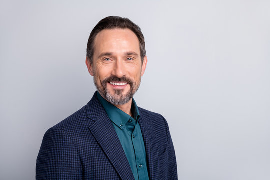 Close-up view portrait of nice attractive cheerful cheery middle age man wearing formalwear attorney banker economist isolated over light white gray pastel color background