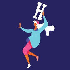 Fototapeta na wymiar Dancing flat bright woman with large capital letter H in hands. Vector concept illustration isolated on blue background.
