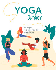 Vector poster template with women taking such yoga poses as navasana - boat pose, bhujangasana - cobra pose, virabhadrasana - warrior pose, vriksasana - tree pose and meditating in burmese position.