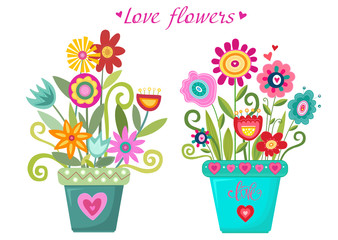 Vector illustration bright fantastic flowers in a pot with love. Home plants with heart. Decor for home.