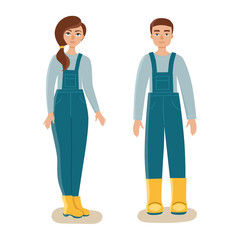 Young man and woman in overalls and rubber boots.Workwear, work clothes.Gardening.Flat isolated vector on white background