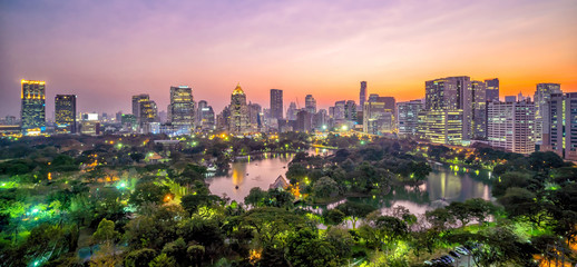 Downtown Bangkok city skyline with Lumpini park from top view in Thailand