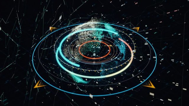 Abstract radar with targets in action, abstract futuristic computer system. Animation. Colorful searching online program, military force and surveillance concept.