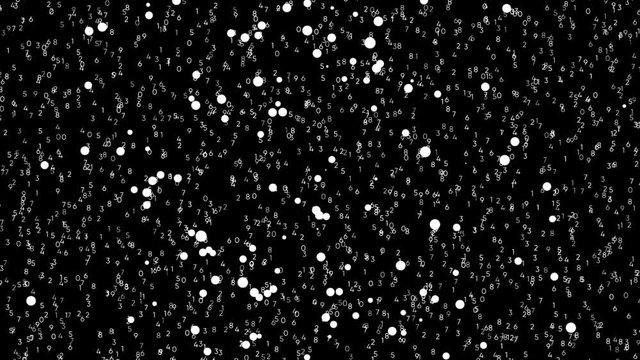 Digital technologies concept, abstract cloud of small white numbers that change from zero to nine on black background, seamless loop. Animation. Changing numbers and flying small spheres.