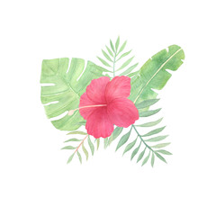 Tropical flowers composition isolated on white background. Watercolor exotic, tropical flowers hand drawn. Bouquet with monstera, banana, palm leaves, hibiscus. 