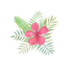 Tropical flowers composition isolated on white background. Watercolor exotic, tropical flowers hand drawn. Bouquet with monstera, banana, palm leaves, hibiscus. 