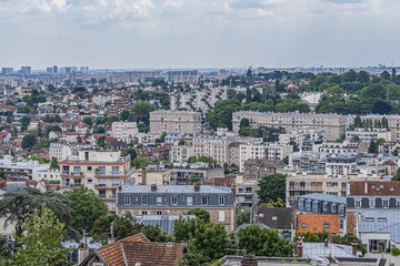 Beautiful Meudon panoramic view taken from Terrace in old castle of Meudon. Municipality of Meudon (in the southwestern suburbs of Paris), Hauts-de-Seine, Ile-de-France, France.