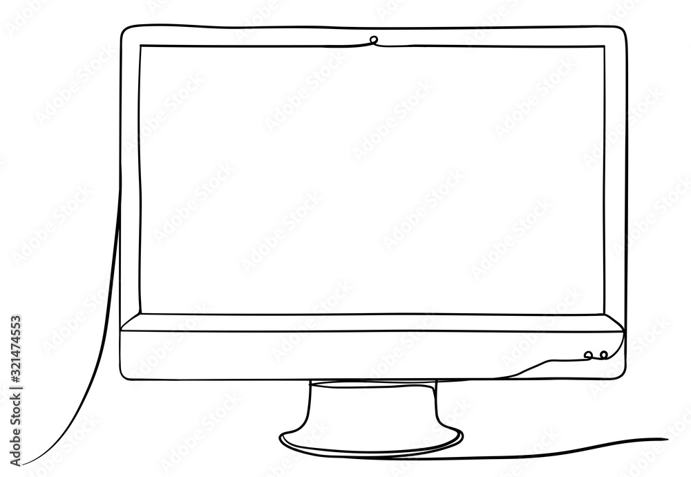 Sticker computer monitor hand drawn continuous line art vector illustration. isolated on white background.