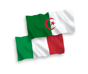 National vector fabric wave flags of Italy and Algeria isolated on white background. 1 to 2 proportion.