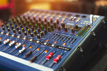 Audio sound mixer console, slider close up, selective focus